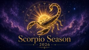 Scorpio Season 2026 golden scorpion constellation with sun and zodiac wheel
