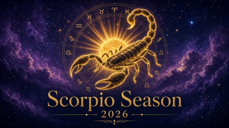 Scorpio Season 2026 golden scorpion constellation with sun and zodiac wheel