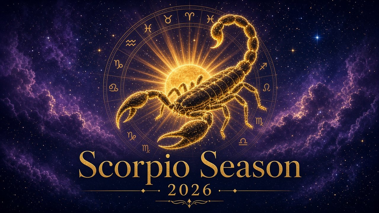 Scorpio Season 2026 golden scorpion constellation with sun and zodiac wheel
